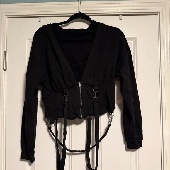Chic Black Utility Jacket with Strap Accents - Picture 1 of 3